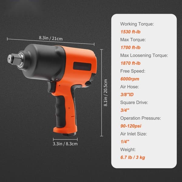 Luftdrevet 3/4" slagnøgle med op til 350 Nm moment, ideel til bilreparationer og vedligeholdelse. Robust kompositdesign.