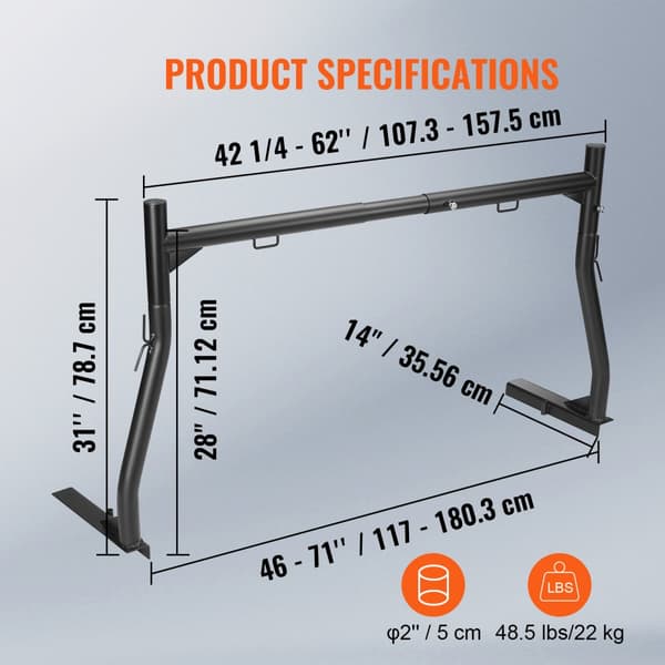 Udtrækkeligt lastbilstativ 46-71 tommer, 800 lbs kapacitet, stål. Ideelt til kajak, surfbræt og stiger. Heavy duty design.