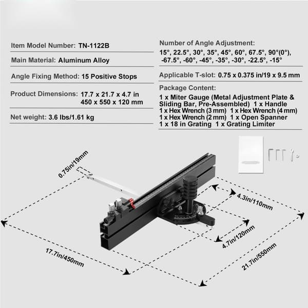 Precisionsgeringsmätare, standardspår 3/4'' x 3/8'', aluminium med justerbar kolv för träbearbetning.
