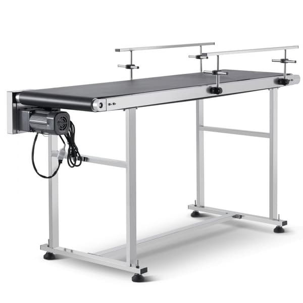 Båndtransportør, 59 x 15,7 tommer, rustfrit stål. Motoriseret med justerbar hastighed til inkjet-kodning. Antistatisk PVC-bælte.