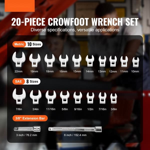 Crowfoot-nøglesæt 20-delt, 3/8" drev med forlængerstænger og EVA værktøjsorganisator. SAE 3/8"-7/8" & metrisk 10-22 mm, holdbart kromfinish.