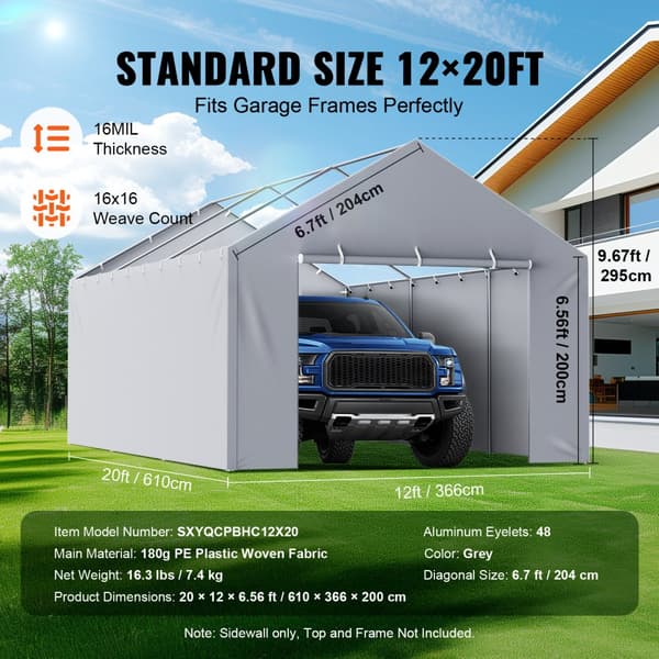 Carport Udskiftning: 12x20 fod Baldakin, Vandtæt & UV-Beskyttet Garage Telt med nem installation. (Top og ramme ikke inkluderet)