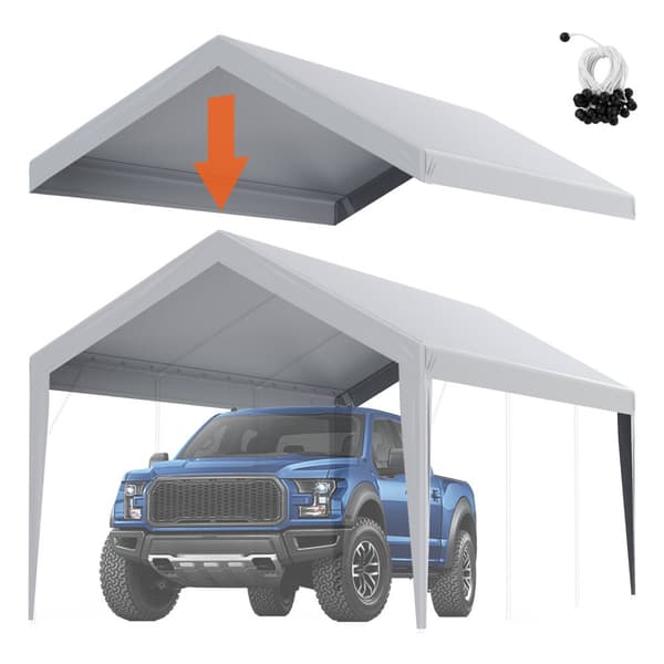 Carport baldakindæksel 10 x 20 fod, tungt vandtæt & UV-beskyttet garage top telt. Nem installation med bungee snore. Kun dække, ramme ikke inkluderet