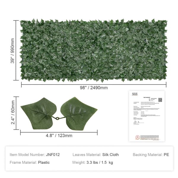 Ivy Privacy Fence, 990 x 2490 mm, konstgjord grön väggskärm, vinrankor för trädgård, utomhusdekoration.