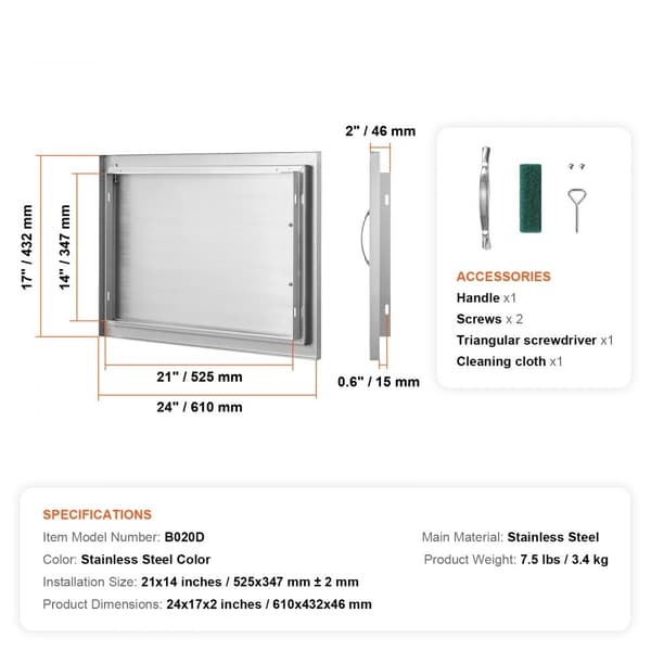 BBQ adgangsdør, 610x432 mm. Enkelt udendørs rustfrit stål indbygningsdør til grillstation og udendørs køkken. Perfekt til BBQ-øer.