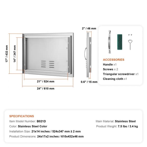 BBQ-ovi 610x432 mm, ruostumattomasta teräksestä, uppoasennus, kahvalla ja tuuletusaukoilla ulkokeittiöön.
