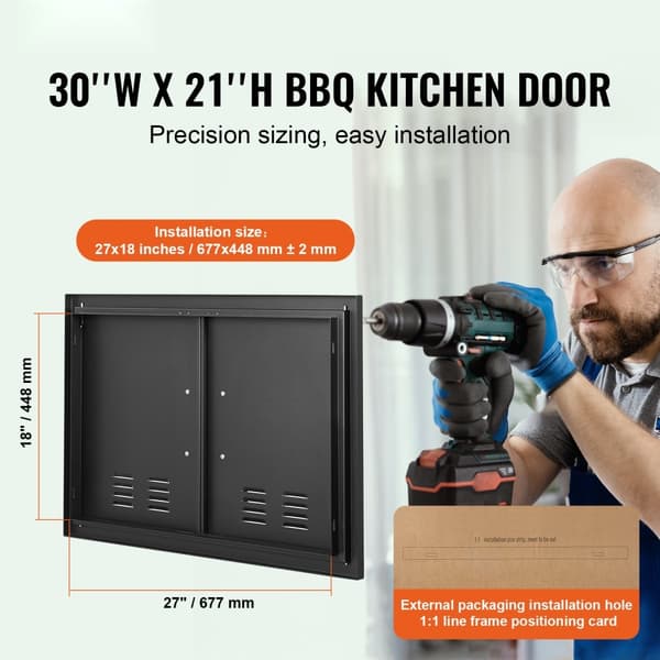 BBQ-ovi, 762x533 mm, kaksinkertainen ulkokeittiöön, kylmälevy-uppoasennus, seinäovi kahvoilla ja tuuletuksella.