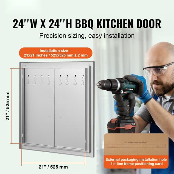 BBQ-adgangsdør, 610x610 mm, rustfri stål, dobbeltdør til udendørs køkken, ideel til grillstation og udendørs skab.