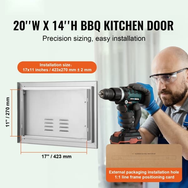 BBQ-ovi, 508x356 mm, ruostumattomasta teräksestä, ulkokeittiön ovi tuuletusaukoilla ja kahvalla BBQ-saarelle.