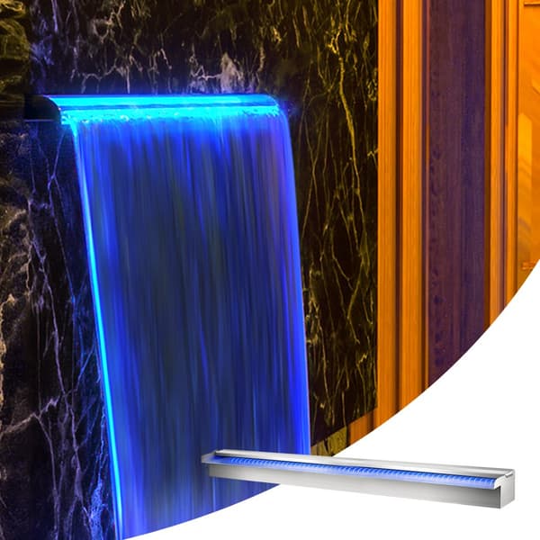 Farverigt LED-vandfald til swimmingpool i rustfrit stål, mål: 151x11,5x8 cm. Perfekt til at skabe atmosfære!