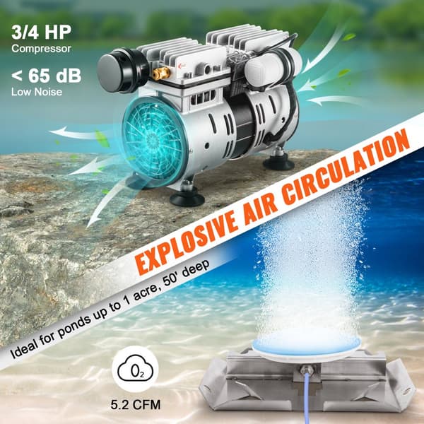 Pond Aerator Sjö och Damm Luftningskit med 3/4 HP Pump, 100' Slang, 10" Diffusor
