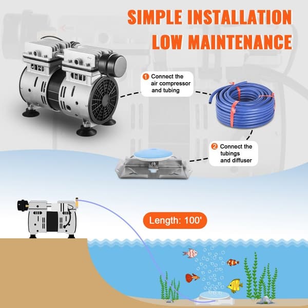Pond Aerator Sjö och Damm Luftningskit med 3/4 HP Pump, 100' Slang, 10" Diffusor