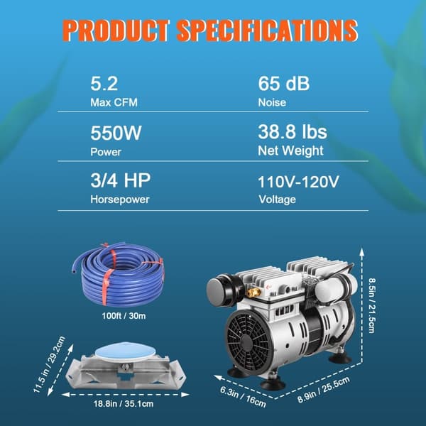 Pond Aerator Sjö och Damm Luftningskit med 3/4 HP Pump, 100' Slang, 10" Diffusor