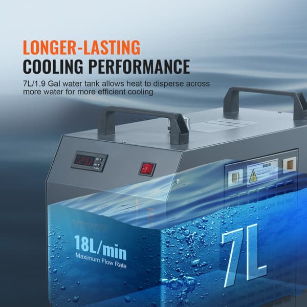 Industriel Vandkøler CW-5202 med indbygget kompressor, 7L tank og 18L/min flow til CO2-lasergraveringsmaskiner.