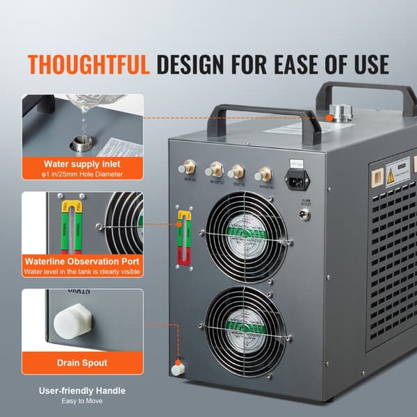 Industriel Vandkøler CW-5202 med indbygget kompressor, 7L tank og 18L/min flow til CO2-lasergraveringsmaskiner.