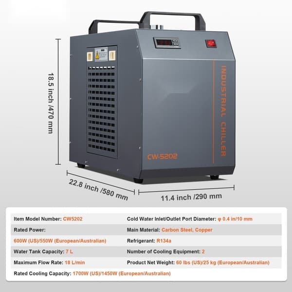 Industriel Vandkøler CW-5202 med indbygget kompressor, 7L tank og 18L/min flow til CO2-lasergraveringsmaskiner.