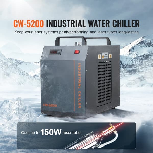 Industriel CW-5200 vandkøler med 7L kapacitet og 13L/min, ideel som laserkøler med kompressor.