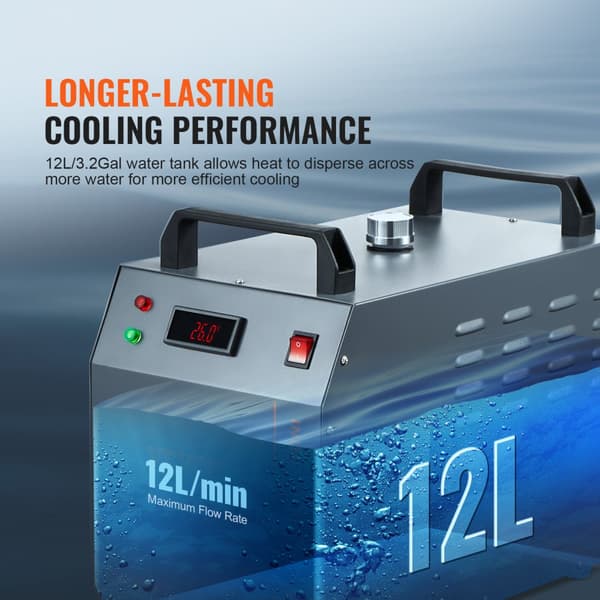 Luftkølet industriel vandkøler CW-3000 med 12 L/min kapacitet til laserrør. Effektiv og pålidelig køling!