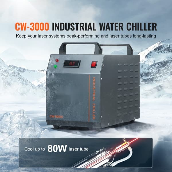 Luftkølet industriel vandkøler CW-3000 med 12 L/min kapacitet til laserrør. Effektiv og pålidelig køling!