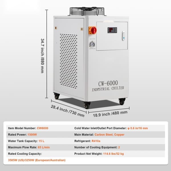 Teollinen vesijäähdytin CW-6000, 15L, 65L/min, laserjäähdytys kompressorilla.