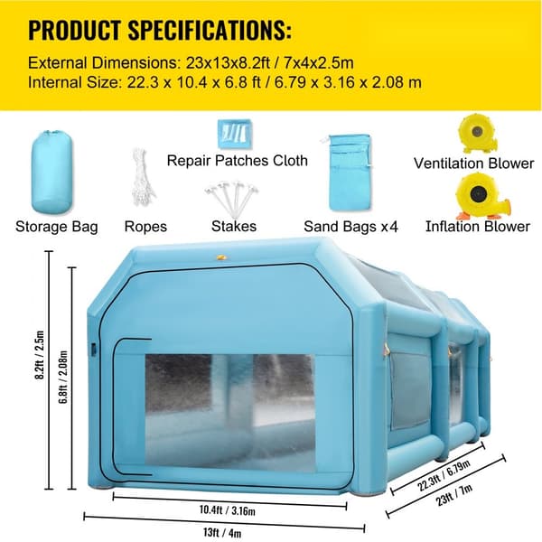 Oppustelig malekabine til biler 23x13x8ft med filtersystem og 2 blæsere. Ideel til effektiv sprøjtning.
