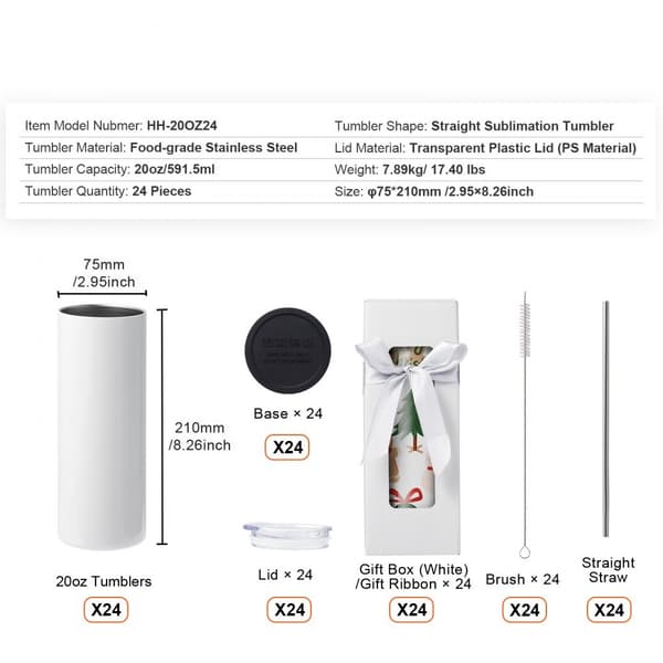 24-pak sublimationsglas, 20 oz, rustfrit stål, dobbeltvæg, med sugerør og låg, ideel til varmepresse og gaver.
