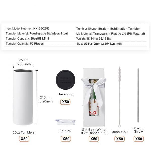 50-pack raka sublimeringsglas, 20 oz tumlare i rostfritt stål, dubbla väggar, sugrör, lock, borste, krympplast.