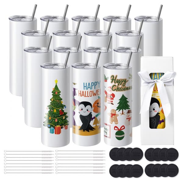 16-pack suorat sublimaatiokupit, 20 unssia tyhjät juomalasit, ruostumaton teräs, kaksiseinäiset, kansi ja lahjarasia.