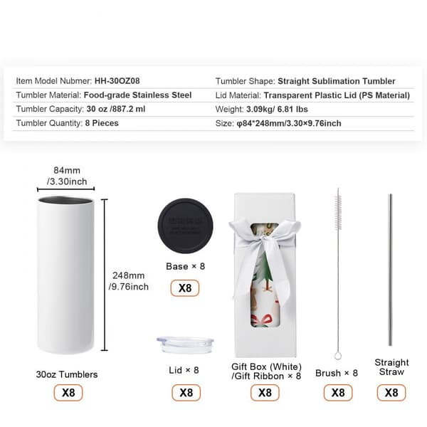 8-pack sublimeringsglas 30 oz, rostfritt stål, dubbla väggar, sugrör, lock, borste, krympplast, presentförpackning.