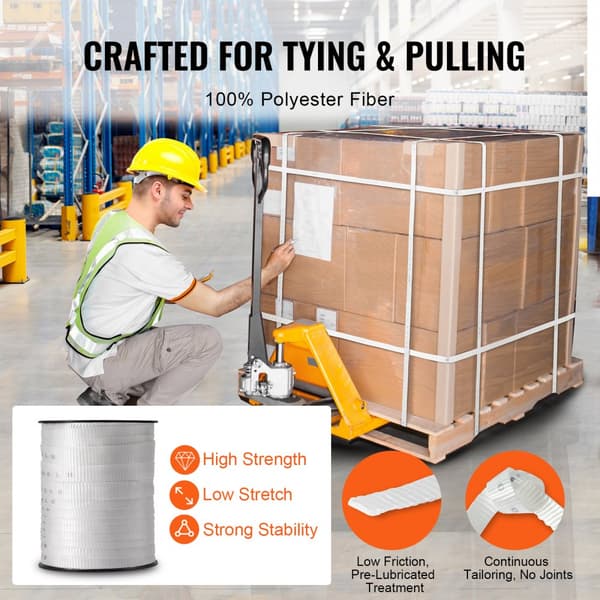 Polyester træktape, 3/4" x 265', 2500 lbf. solide flade reb til emballage, havearbejde og el-arbejde, hvid farve.