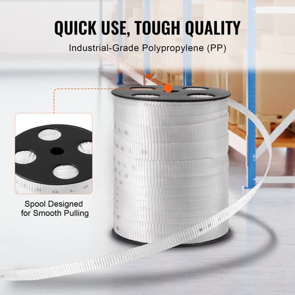 Polyester træktape, 3/4" x 265', 2500 lbf. solide flade reb til emballage, havearbejde og el-arbejde, hvid farve.