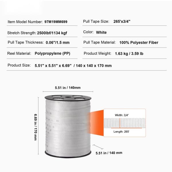 Polyester træktape, 3/4" x 265', 2500 lbf. solide flade reb til emballage, havearbejde og el-arbejde, hvid farve.