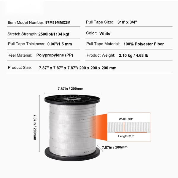 Polyesterivetoteippi 3/4" x 318", 2500 lbf kapasiteetti, litteä köysi puutarhanhoitoon ja sähköasennuksiin, valkoinen.
