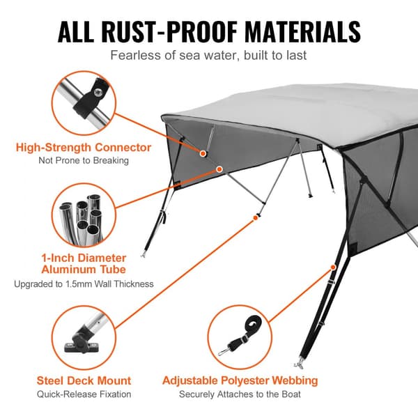 4-bue Bimini-top bådovertræk, aftagelige netvægge, 600D polyester med aluminiumsramme, inkl. opbevaringstaske, 2 støttestænger, 8'L x 54"H x 91"-96"W