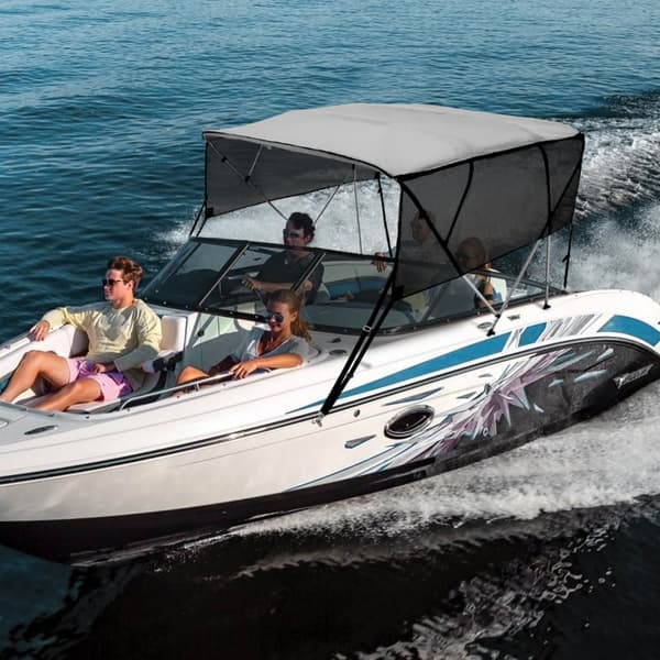 4-bue Bimini-top bådovertræk, aftagelige netvægge, 600D polyester med aluminiumsramme, inkl. opbevaringstaske, 2 støttestænger, 8'L x 54"H x 91"-96"W