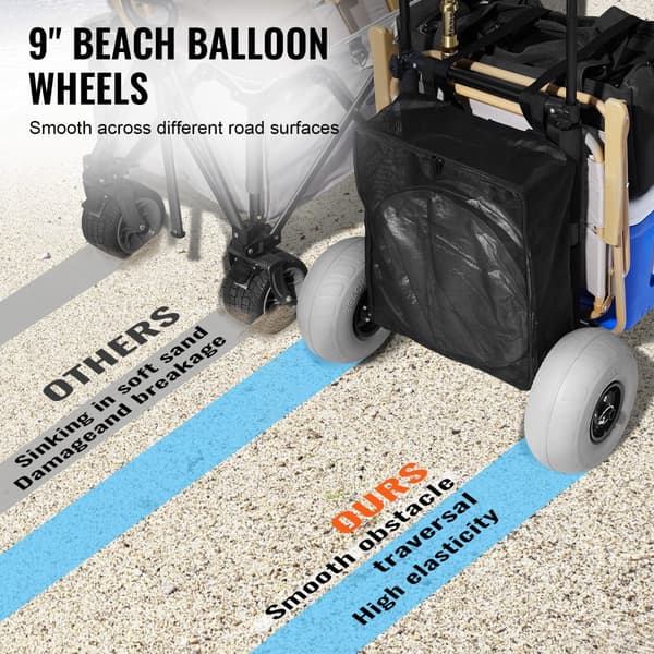 Strandvogn med store hjul (20,1"x14,6") til sand. 9" ballonhjul, 75 kg kapacitet. Højdejusterbar (27,2"-44,9"). Ideel til stranden!