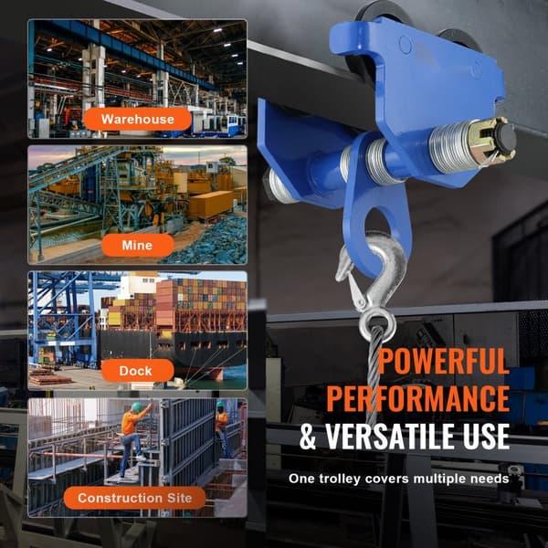 Manuel vogn med 4400 lbs/2 ton kapacitet, dobbelthjul, justerbar I-beam flangebredde 2,5"-7", robust garagehejs i stål.