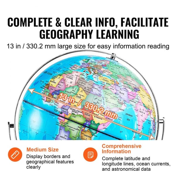 Roterende 13" globus med stativ, geografi-jordklode i ABS, 720° rotation. Ideel til undervisning og læring for børn.
