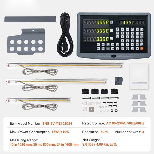 Digitaalinen näyttö 10", 20" & 24" 3-akselinen DRO-näyttö, tukitappi, veitsipidike, kello, virtakaapeli, perhosruuvi.