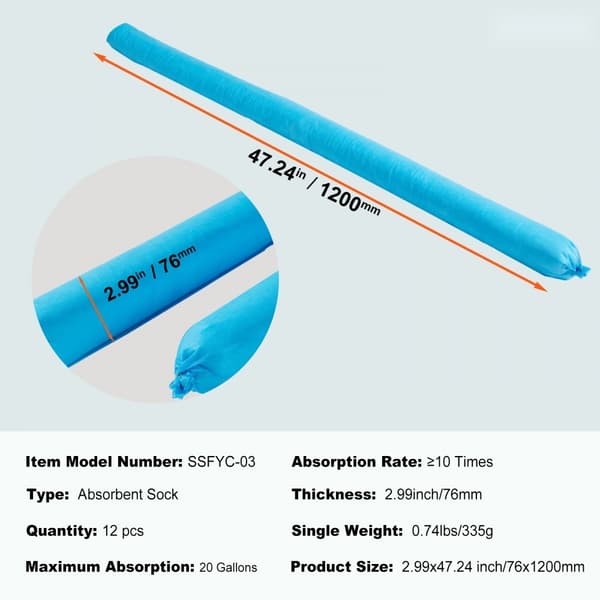 Universal absorberande strumpa, vattenabsorberande slang 20 gal, 12 st, 3" x 47.24"