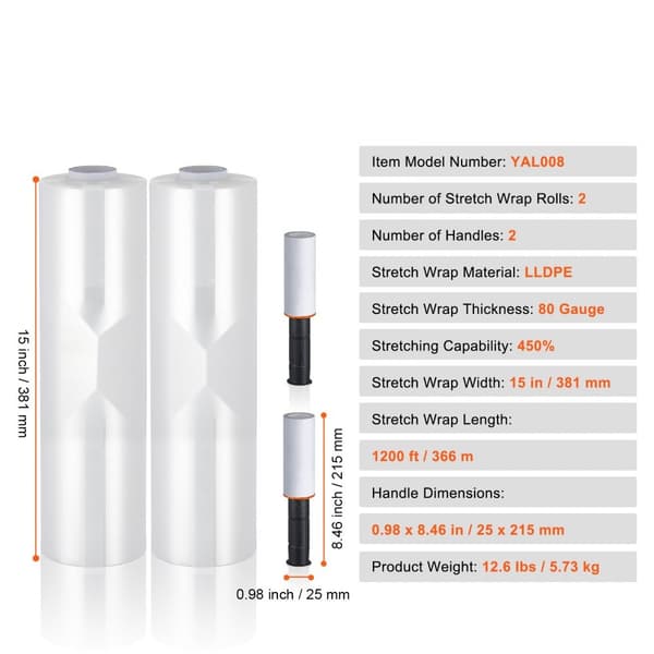 Stretchfilm, 15 tum x 1200 fot, 2-pack, 80 Gauge industriell styrka, klar och slitstark för pallinpackning och transport.