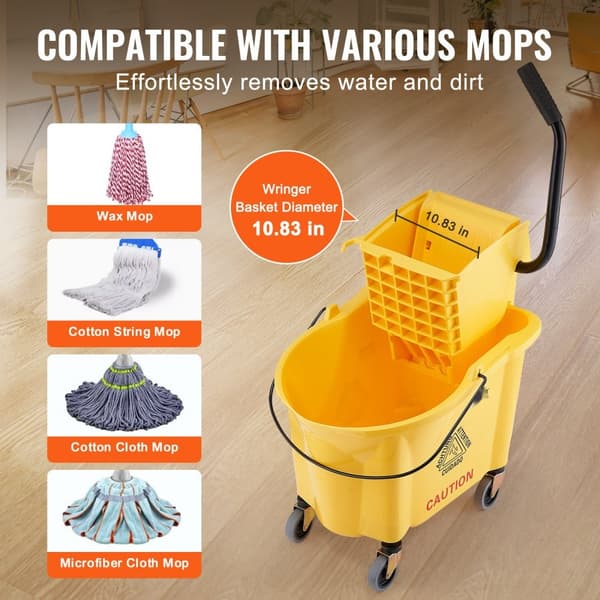 Ammattimainen moppikauha 35 Qt, sivupuristimella ja pyörillä, täydellinen teollisuuslattioiden puhdistukseen, keltainen.