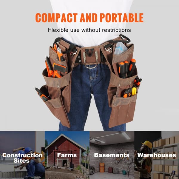 Værktøjsbælte med 19 lommer, justerbar fra 32 til 54 tommer, robust polyester, aftagelig taske - ideel til elektrikere og håndværkere.