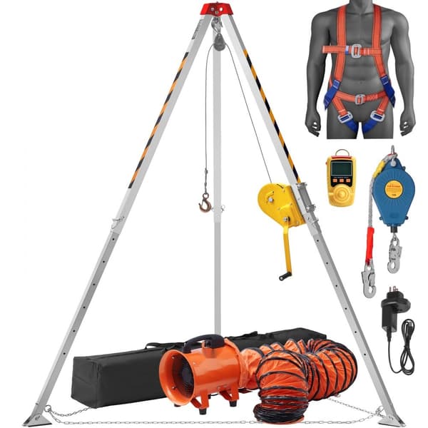 Stativsæt til trange rum: 2600 lbs spil, 8' ben, 98' kabel, faldbeskyttelse 32,8', sele og taske til redning.