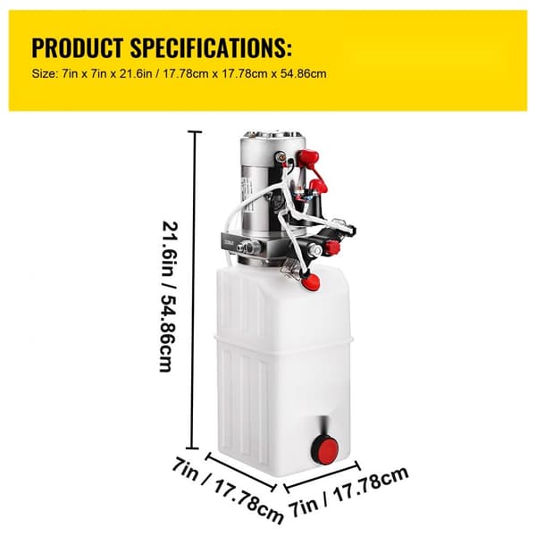 Hydraulikaggregat 6 L med dobbeltvirkende pumpe, 12 V til muldvarpe og kippanhængere. SAE6 tilslutning og plasttank.