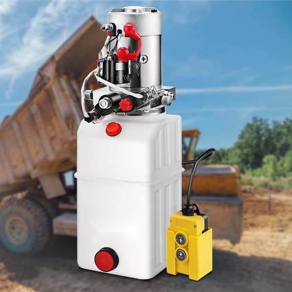 Hydraulikaggregat 6 L med dobbeltvirkende pumpe, 12 V til muldvarpe og kippanhængere. SAE6 tilslutning og plasttank.