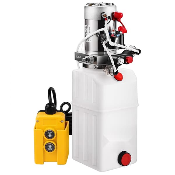 Hydraulikaggregat 6 L med dobbeltvirkende pumpe, 12 V til muldvarpe og kippanhængere. SAE6 tilslutning og plasttank.