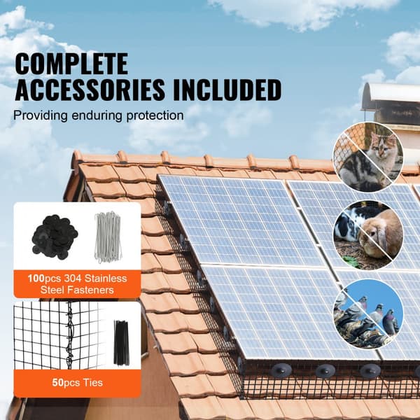 6 tommer x 100 fod solpanel fuglebeskytter, Critter Guard rulle med 100 aluminiumsbefæstelser, rustfri PVC-belægning, 1/2 tommer tråd.