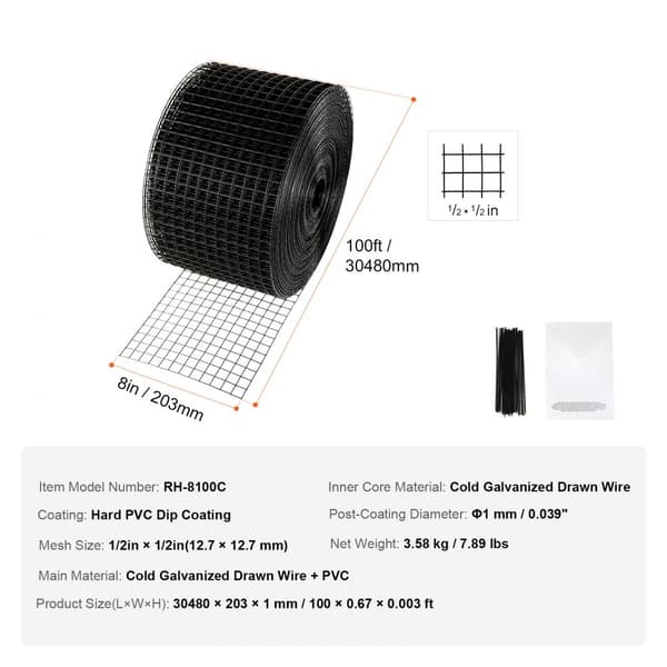 8 tommer x 100 fod solpanelbeskyttelse, Critter Guard rulle, rustsikker PVC, inkl. 50 dækledninger, 1/2 tomme tråd.