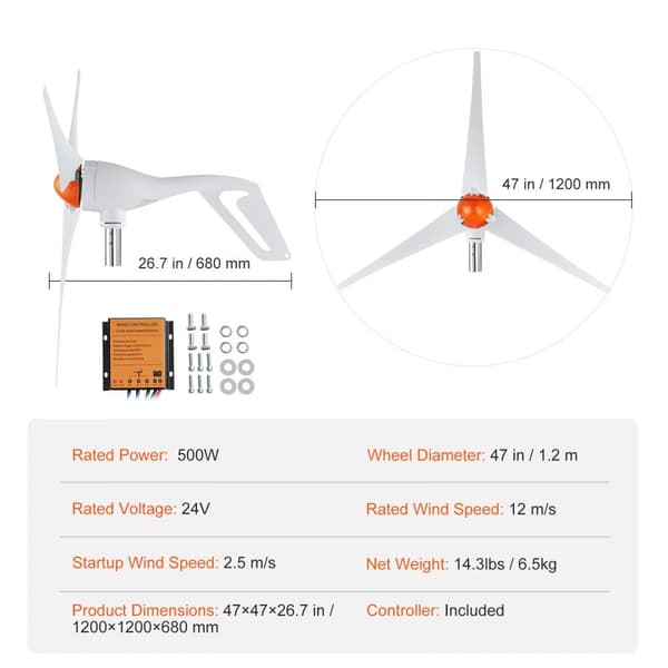 500W vindmøllegenerator 24V med 3-blads møllesæt og MPPT-controller - Effektiv energi til dit projekt.